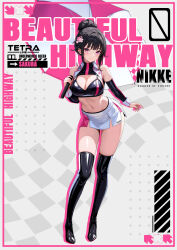 1girl absurdres alternate_costume bare_shoulders black_hair black_sleeves blush boots breasts character_name cleavage closed_mouth commentary_request copyright_name crop_top detached_sleeves dramz full_body goddess_of_victory:_nikke hair_bun highres holding holding_umbrella large_breasts leaning_to_the_side looking_at_viewer midriff miniskirt navel pink_umbrella race_queen sakura_(nikke) single_hair_bun skindentation skirt smile solo standing stomach thigh_boots thighs two-tone_umbrella umbrella white_skirt white_umbrella