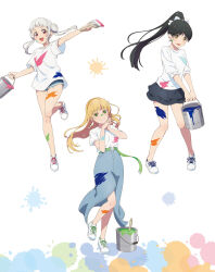 3girls arashi_chisato artbook black_hair blonde_hair bucket denim denim_shorts double_bun full_body green_eyes hair_bun hairband hazuki_ren heanna_sumire highres holding long_hair looking_at_viewer love_live! love_live!_superstar!! multiple_girls non-web_source official_art open_mouth orange_hairband paint paint_splatter paintbrush ponytail red_eyes shirt shoes shorts skirt smile sneakers white_background white_hair white_shirt yellow_eyes