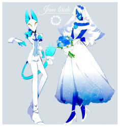 1boy 1girl :d animal_ears blue_hair blue_tongue bouquet bow cable cable_tail colored_sclera colored_skin colored_tongue crossdressing deltarune dress electric_plug electric_plug_tail flower formal_clothes gloves grey_background hair_flower hair_ornament high_heels highres holding holding_bouquet long_hair mechanical_tail open_mouth pants rayman_limbs rouxls_kaard smile suit taharu_(papiyas) tail tasque_manager very_long_hair wedding_dress white_bow white_dress white_gloves white_hair white_pants white_skin white_suit yellow_eyes yellow_sclera