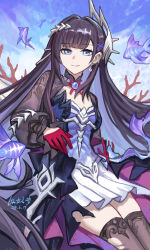 1girl absurdres black_hair blue_dress blue_eyes blue_hair colored_inner_hair commentary_request coral dress fish gloves gradient_clothes gradient_dress grey_thighhighs hair_intakes hair_ornament hairclip highres honkai:_star_rail honkai_(series) hysilens_(honkai:_star_rail) long_sleeves looking_at_viewer multicolored_hair partial_commentary pleated_dress red_gloves short_dress shrug_(clothing) smile solo thighhighs white_dress yitai_zhi_meng