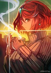 1girl absurdres bob_cut breasts cup earrings headpiece highres holding holding_cup jewelry large_breasts looking_at_viewer pyra_(xenoblade) red_eyes red_hair short_hair solo sweater swept_bangs tarbo_(exxxpiation) tiara turtleneck turtleneck_sweater xenoblade_chronicles_(series) xenoblade_chronicles_2