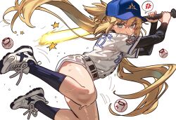 1girl :t absurdres alternate_costume anger_vein ankle_socks artoria_caster_(fate) artoria_pendragon_(fate) baseball baseball_bat baseball_cap baseball_uniform belt belt_buckle black_belt black_sleeves black_socks blonde_hair blue_hat buckle ebora fate/grand_order fate_(series) floating_hair flying_sweatdrops glowing glowing_weapon green_eyes hair_between_eyes hat highres holding holding_baseball_bat layered_sleeves long_hair long_sleeves melusine_(fate) playing_sports pout shirt shoes short_over_long_sleeves short_sleeves shorts sidelocks simple_background sneakers socks solo spoken_anger_vein sportswear sweat twintails v-shaped_eyebrows very_long_hair weapon white_background white_shirt white_shorts