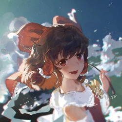 1girl :d above_clouds ascot bare_shoulders blue_sky blurry blush bow brown_hair bruchiou cloud collar depth_of_field detached_sleeves frilled_bow frilled_hair_tubes frills from_above gohei hair_bow hair_tubes hakurei_reimu highres holding holding_gohei looking_to_the_side medium_hair open_mouth red_bow red_eyes red_shirt shirt sky smile solo touhou upper_body white_collar white_sleeves yellow_ascot