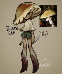1girl blush boots capelet character_name english_text feefal full_body fungi high_heel_boots high_heels highres holding holding_knife knife monster_girl mushroom mushroom_girl object_and_personification original personification photo_inset procreate_(medium) reference_inset shorts signature simple_background smile solo
