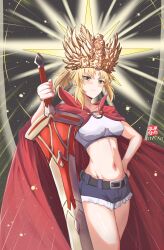 1girl absurdres bandeau bare_arms bare_legs belt belt_buckle blonde_hair braid breasts buckle cape cutoffs denim denim_shorts fate/grand_order fate_(series) glowing green_eyes hair_ornament hair_scrunchie half_up_braid highres holding holding_sword holding_weapon looking_at_viewer mordred_(fate) mordred_(memories_at_trifas)_(fate) navel parted_bangs ponytail prydwen_(fate) red_cape red_scrunchie scrunchie short_hair shorts simple_background small_breasts smile solo sword tetsu_no_samurai twitter_username weapon