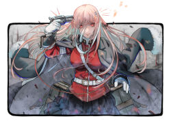 Rule 34 | 1girl, between breasts, black coat, black skirt, breasts, coat, coat on shoulders, fate/grand order, fate (series), florence nightingale (fate), florence nightingale (third ascension) (fate), gloves, gun, gun to head, highres, holding, holding gun, holding weapon, jacket, large breasts, long hair, long sleeves, looking at viewer, military uniform, pepperbox revolver, pink hair, pleated skirt, red eyes, red jacket, skirt, solo, strap between breasts, ugo (artist), very long hair, weapon, white gloves