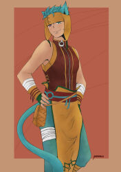 1boy animal_ears artist_name bad_link blue_hair cat_boy cat_ears fire_emblem fire_emblem:_path_of_radiance green_eyes hands_on_own_hips headdress heterochromia highres male_focus nintendo pastecola purple_eyes ranulf_(fire_emblem) short_hair simple_background sleeveless solo tail