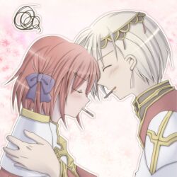 1boy 1girl armor blonde_hair bow breastplate circlet closed_eyes coat couple cross food food_in_mouth gold_trim grin hair_bow hetero high_priest_(ragnarok_online) long_sleeves lord_knight_(ragnarok_online) multicolored_coat pauldrons pink_background pink_hair pocky pocky_day pocky_in_mouth purple_bow ragnarok_online red_coat sharari short_hair shoulder_armor smile squiggle two-tone_coat upper_body white_coat
