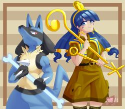 1girl artist_logo artist_name belt belt_buckle black_belt black_thighhighs blue_eyes blue_hair bone border brown_border brown_shirt brown_shorts buckle commentary cowboy_shot crossover earrings english_commentary facial_mark gen_4_pokemon gold gold_hairband hair_bobbles hair_ornament hairband highres holding holding_bone holding_scepter jewelry keith_dio logo long_hair looking_at_another lucario michigami_nareko nintendo pocket pokemon pokemon_(creature) scepter shirt shorts side-by-side simple_background smile striped_background thighhighs touhou triangle triangle_facial_mark