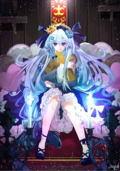 1girl amatsuki_rei blue_dress blue_flower blue_hair blue_rose blue_shoes closed_mouth commentary_request crown dress female_focus flower hair_flower hair_ornament hairclip heart heart-shaped_pillow highres long_hair long_sleeves mini_crown original pillow purple_eyes rose shoes signature sitting smile solo very_long_hair x_hair_ornament