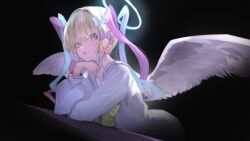 Rule 34 | 1girl, against railing, angel wings, black background, blonde hair, blue bow, blue eyes, blue hair, bow, chinese commentary, chouzetsusaikawa tenshi-chan, commentary request, feathered wings, glowing, hair bow, halo, heart, highres, linchuanzelaip, long hair, long sleeves, looking at viewer, multicolored hair, multiple hair bows, nail polish, needy girl overdose, open mouth, pink bow, pink hair, purple bow, quad tails, railing, sailor collar, smile, solo, traditional halo, upper body, white wings, wings