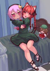 1girl absurdres animal_ears bed black_bow bow braid cat_ears cat_girl cat_tail chen cuwy dress fang fumo_(doll) green_dress hair_bow highres hug hugging_doll hugging_object indoors juliet_sleeves kaenbyou_rin komeiji_satori legs long_hair long_sleeves looking_at_viewer multiple_tails open_mouth puffy_sleeves red_eyes red_hair side_braids sitting symbol-shaped_pupils tail touhou twin_braids two_tails