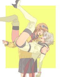Rule 34 | 2girls, black hairband, black skirt, blonde hair, blush, boots, commentary request, elbow gloves, eye contact, floating hair, gloves, hairband, hand on another&#039;s shoulder, highres, jiguang haibao, koishikawa iko, leotard, long hair, long sleeves, looking at another, multiple girls, neckerchief, open mouth, pleated skirt, red neckerchief, school uniform, short hair, shy (character), shy (series), skirt, smile, sweater, thigh boots, two-tone background, white background, white boots, white gloves, white hair, white leotard, yellow background, yellow sweater, yuri
