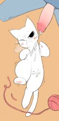 1boy 1girl animal_focus animal_sexualization bestiality black_eyes blush blush_stickers breath cat cleft_of_venus cum cum_on_body cum_on_chest cum_string erection facial fang flat_color from_above full_body furrowed_brow kekitopu leg_up lying on_back one_eye_closed open_mouth orange_background original pawpads penis penis_out pussy simple_background solo_focus sweat trembling wince yarn yarn_ball