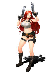 1girl 2015 absurdres ah-lyong_lee armpits artist_name belt belt_boots belt_buckle belt_pouch blue_eyes boots breasts brown_boots buckle cleavage closed_mouth cosplay crop_top dated dual_wielding eyelashes female_focus fingerless_gloves fingernails full_body gem gloves gluteal_fold green_shorts gun handgun hands_up highres holding holster jewelry knee_boots lace-up_boots lara_croft lara_croft_(cosplay) large_breasts league_of_legends lips long_fingernails long_hair looking_at_viewer midriff miss_fortune_(league_of_legends) navel necklace parted_bangs pink_lips pinky_out pistol pouch red_hair shadow shirt short_shorts shorts signature simple_background smile solo standing strap tank_top thigh_holster tomb_raider torn_clothes torn_shirt weapon white_background
