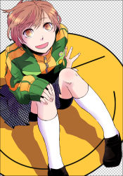 1girl atlus az0212 bad_id bad_pixiv_id bike_shorts brown_eyes brown_hair female_focus houndstooth jacket loafers looking_up open_mouth persona persona_4 satonaka_chie shoes skirt smile smiley_face solo track_jacket