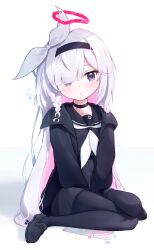 1girl absurdres between_legs black_choker black_coat black_eyes black_hairband black_pantyhose black_sailor_collar black_shirt black_shoes black_skirt blue_archive braid choker coat colored_inner_hair commentary_request distorted_halo grey_hair hair_over_one_eye hairband halo hand_between_legs highres loafers long_hair long_sleeves miniskirt multicolored_hair neckerchief open_mouth pantyhose pink_hair plana_(blue_archive) pleated_skirt red_halo sailor_collar sailor_shirt shirt shoes side_braid single_braid sitting skirt solo sorakumo textless_version two-tone_hair very_long_hair wariza white_neckerchief