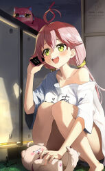 Rule 34 | 1girl, :d, ahoge, barefoot, cellphone, clothes writing, commentary request, double-parted bangs, green eyes, hair between eyes, highres, holding, holding phone, hololive, hoshimachi suisei, kintoki (sakura miko), kito koruta, knees together feet apart, long hair, low twintails, night, no pants, open mouth, oversized clothes, oversized shirt, phone, pink hair, sakura miko, shirt, sitting, smartphone, smile, solo, t-shirt, teeth, twintails, upper teeth only, virtual youtuber, watermark, white shirt
