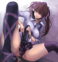 Rule 34 | 1girl, black thighhighs, breasts, brown hair, cellphone, checkered clothes, checkered skirt, clothes between thighs, cocking gun, collared shirt, female focus, finger on trigger, flashlight, geta, gun, handgun, hat, himekaidou hatate, holding, holding gun, holding weapon, koh (minagi kou), large breasts, long hair, md5 mismatch, phone, pistol, purple thighhighs, revision, shirt, sig p226, sig sauer, skirt, smartphone, solo, spread legs, tactical light, tengu-geta, thighhighs, thighs, tokin hat, touhou, twintails, watch, weapon, wristwatch
