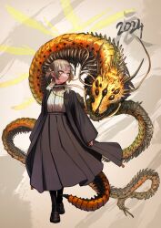 Rule 34 | 1girl, 2024, absurdres, breasts, brown hair, dragon, full body, highres, kilye kairi, long skirt, long sleeves, medium breasts, original, skirt, sleeves past wrists, yellow eyes