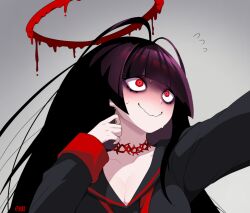 1girl antenna_hair black_hair black_serafuku blue_archive blunt_bangs breasts choker cleavage flying_sweatdrops gradient_background grey_background highres large_breasts long_hair marutsubo nervous_sweating red_choker red_eyes school_uniform serafuku solo sweat tsurugi_(blue_archive)