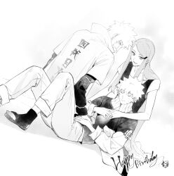 1girl 2boys closed_eyes closed_mouth dress facial_mark family greyscale hair_ornament hairclip happy_birthday highres jacket long_hair long_sleeves monochrome multiple_boys namikaze_minato naruto_(series) naruto_shippuuden open-toe_shoes open_mouth pants sf_(sf_404) short_hair short_sleeves spiked_hair uzumaki_kushina uzumaki_naruto very_long_hair whisker_markings