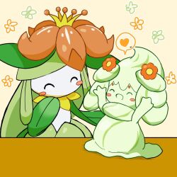 Rule 34 | alcremie, animal focus, blush, closed eyes, closed mouth, colored skin, flower, food, fruit, gen 5 pokemon, gen 8 pokemon, green hair, highres, lilligant, monster girl, monya, nintendo, no humans, open mouth, plant girl, pokemon, pokemon (creature), pokemon focus, simple background, smile, strawberry