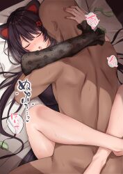1boy 1girl :o absurdres animal_ears black_dress blush brown_hair clothed_sex commentary_request condom dog_ears dress ekibyoudayo faceless faceless_male hand_on_another&#039;s_head happy_sex hetero highres hug inui_toko inui_toko_(5th_costume) lace_sleeves leg_lock long_hair low_twintails missionary nijisanji official_alternate_costume on_bed open_mouth paid_reward_available see-through_clothes see-through_sleeves sex solo_focus swept_bangs twintails used_condom very_long_hair virtual_youtuber