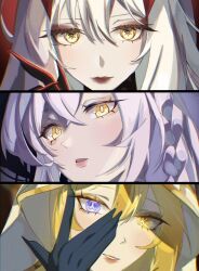 Rule 34 | 3girls, arinyawa, black dress, blonde hair, blue eyes, braid, closed mouth, dress, eyeshadow, genshin impact, hair between eyes, hand on own face, heterochromia, highres, hood, istaroth (genshin impact), light smile, long hair, looking at viewer, makeup, multiple girls, orange eyeshadow, rhinedottir (genshin impact), ronova (genshin impact), veil, white hair, white veil, yellow eyes