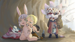 1boy 1other 2girls absurdres animal_ears backpack bag blonde_hair brown_hair cave cheek-to-cheek claws cloak completely_nude covering_another&#039;s_eyes covering_own_mouth dark-skinned_female dark_skin electric_razor extra_arms extra_tails faputa furry glasses green_eyes grey_hair hair_clipper hand_on_another&#039;s_waist heads_together highres horizontal_pupils looking_at_another m_kyo made_in_abyss mechanical_arms meinya_(made_in_abyss) monster_girl multiple_girls nanachi_(made_in_abyss) navel nude rabbit_ears razor reg_(made_in_abyss) riko_(made_in_abyss) short_hair sitting sitting_on_head sitting_on_person stomach unworn_clothes whiskers white_hair yellow_eyes
