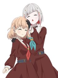 2girls ^_^ aqua_neckerchief black_choker black_gloves brown_dress choker closed_eyes closed_mouth commentary_request cowboy_shot crossed_bangs d: diagonal_bangs dress gloves hair_ornament half_gloves hand_on_another&#039;s_shoulder hasu_no_sora_school_uniform highres hinoshita_kaho link!_like!_love_live! long_sleeves love_live! medium_hair multicolored_hair multiple_girls myrain56991013 neckerchief o-ring o-ring_choker open_mouth orange_hair pleated_dress rabbit_hair_ornament red_hair red_neckerchief sailor_collar sailor_dress school_uniform short_hair simple_background smile split_mouth star_(symbol) star_hair_ornament streaked_hair two_side_up virtual_youtuber white_background white_sailor_collar winter_uniform yugiri_tsuzuri