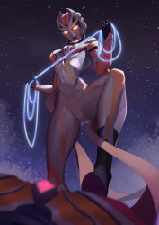1girl absurdres alien breasts carmeara chinese_commentary closed_mouth energy energy_whip h.an_(516635864) highres holding holding_whip light_smile lips medium_breasts midriff navel orange_eyes purple_lips solid_eyes solo_focus standing star_(sky) stepped_on tokusatsu ultra_series ultraman_trigger ultraman_trigger_(series) whip