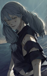 1boy absurdres air_(ai_r_) blue_eyes blue_hair cowboy_shot heterochromia highres jujutsu_kaisen long_hair mahito_(jujutsu_kaisen) male_focus midriff_peek ocean outdoors parted_lips smile solo stitched_arm stitched_face stitched_neck stitches yellow_eyes