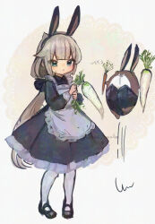 1girl :/ alternate_costume animal_ears apron artist_name black_dress black_leotard black_shoes blue_eyes bokukawauso carrot child commentary_request daikon dress enmaided fake_animal_ears full_body highres holding holding_carrot kantai_collection leotard long_hair long_sleeves looking_at_viewer low_twintails maid maid_apron mary_janes mikura_(kancolle) otter rabbit_ears radish shoes simple_background solo stuffed_otter sweatdrop twintails twitter_username wss_(nicoseiga19993411)