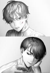 Rule 34 | 2boys, absurdres, alien stage, blood, choker, commentary request, greyscale, head on hand, highres, honogurairo hai, injury, ivan (alien stage), male focus, monochrome, multiple boys, neck tattoo, red pupils, short hair, spot color, tattoo, till (alien stage), very short hair