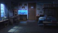 analog_clock apartment aquarium bedroom book box cardboard_box clock coffee_maker computer curtains dark desk glowing highres indoors laptop map_(object) model_ship moonlight night no_humans non-web_source official_art our_life:_beginnings_and_always plant potted_plant rug scenery seashell shelf shell surfboard window window_light wooden_chair wooden_door wooden_floor