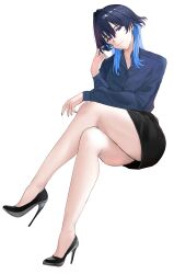 Rule 34 | 1girl, absurdres, black hair, black skirt, blue eyes, blue hair, blue shirt, chinu (nvtc2224), closed mouth, crossed legs, high heels, highres, hololive, hololive english, invisible chair, looking at viewer, multicolored hair, ouro kronii, shirt, simple background, sitting, skirt, solo, two-tone hair, virtual youtuber, white background, wolf cut