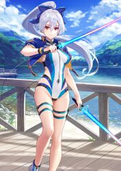 1girl arm_at_side blue_bow blue_jacket blue_one-piece_swimsuit blue_sandals blue_sky bow breasts breasts_apart closed_mouth clothing_cutout cloud cropped_jacket dock double-parted_bangs dual_wielding energy_sword fate/grand_order fate_(series) feet_out_of_frame floating_clothes floating_hair game_cg groin hair_between_eyes hair_bow halterneck hand_up high_ponytail highleg highleg_one-piece_swimsuit holding holding_sword holding_weapon jacket jacket_over_swimsuit lake long_hair looking_at_viewer medium_breasts multicolored_swimsuit official_art one-piece_swimsuit open_clothes open_jacket ponytail racerback red_eyes sand sandals shirabi short_sleeves side_cutout sideboob sidelocks sky smile solo standing swimsuit sword thigh_strap third-party_source tomoe_gozen_(fate) tomoe_gozen_(swimsuit_saber)_(fate) tomoe_gozen_(swimsuit_saber)_(first_ascension)_(fate) turtleneck turtleneck_one-piece_swimsuit variant_set very_long_hair weapon white_hair white_one-piece_swimsuit wire wristband