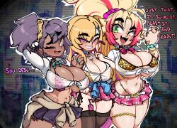 Rule 34 | 3girls, animal print, bandaid, barbariana (last origin), barbariana (naughty gal barbariana-san) (last origin), blonde hair, boryeon (last origin), breasts, clothes around waist, cowboy shot, dark-skinned female, dark skin, discreet vibrator, green eyes, green nails, grin, gyaru, highres, jellot, large breasts, last origin, leopard print, multiple girls, navel piercing, one eye closed, open mouth, piercing, pink eyes, ponytail, purple hair, quick camel, scrunchie, sex toy, shirt, skirt, smile, sweater, sweater around waist, thick thighs, thigh strap, thighhighs, thighs, tied shirt, vibrator, vibrator in thighhighs, wide hips, wrist scrunchie