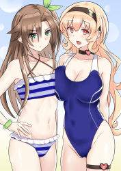 asymmetrical_docking bangle bare_shoulders blush bracelet breast_press breasts brown_hair choker compa flat_chest green_eyes hairband happy highres if_(neptunia) jewelry large_breasts long_hair neptune_(series) orange_eyes orange_hair ribbon sidetail swimsuit thighs unsure zatsu