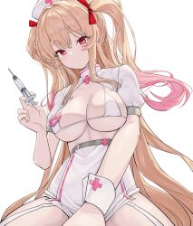 1girl absurdres bikini bikini_top_only blonde_hair breasts cleavage commentary_request commission cowboy_shot demonia_(hiyono) garter_straps gradient_hair hand_up hat high-waist_shorts highres holding holding_syringe kim_boki korean_commentary large_breasts long_hair looking_at_viewer multicolored_hair nurse nurse_cap original pink_hair red_eyes short_sleeves shorts shrug_(clothing) simple_background solo string_bikini swimsuit syringe two-tone_hair very_long_hair white_background white_bikini white_shorts white_shrug wrist_cuffs