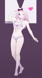 1girl black_bow blue_eyes bow breasts character_name fujiwara_chika heart kaguya-sama_wa_kokurasetai_~tensai-tachi_no_renai_zunousen~ lingerie long_hair mycrys one_eye_closed pink_hair shoes socks underwear wink