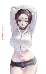 1girl ;o absurdres alternate_costume arms_up black_choker black_hair breasts choker commentary cowboy_shot crow_(nikke) dolphin_shorts english_text goddess_of_victory:_nikke green_eyes highres large_breasts midriff multicolored_hair navel one_eye_closed red_hair short_hair shorts simple_background solo streaked_hair symbol-only_commentary thighs two-tone_hair uyuri_(89976220) white_background white_hood