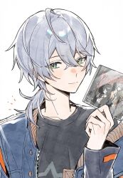 Rule 34 | 1boy, ahoge, black shirt, cd case, closed mouth, green eyes, grey hair, hair between eyes, highres, holding, jacket, looking at viewer, male focus, mint-tan, ponytail, shirt, short hair, simple background, smile, solo, upper body, white background, wise (zenless zone zero), zenless zone zero