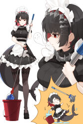 1girl absurdres apron black_hair black_pantyhose breasts bucket bucket_of_water ellen_joe exhausted fins fish_tail frilled_hairband frills full_body hairband high_heels highres holding holding_mop large_breasts maid maid_apron maid_headdress mole mole_under_eye mop open_mouth opm7760 pantyhose red_eyes red_nails shark_girl shark_tail simple_background soul spiked_hairband spikes tail tripping waist_apron white_apron white_background zenless_zone_zero