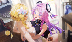 2girls @_@ absurdres alternate_costume black_leotard blonde_hair blue_eyes braid breast_press citlali_(genshin_impact) cup dress drunk facial_mark flower food fruit genshin_impact hair_flower hair_ornament highres holding holding_cup indoors lemon lemon_slice leotard long_hair looking_at_another lumine_(genshin_impact) multicolored_hair multiple_girls open_mouth pink_hair short_hair_with_long_locks sleeveless sleeveless_dress swkl:d symmetrical_docking triangle triangle_facial_mark twin_braids white_dress yuri