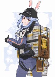 Rule 34 | 1girl, animal ears, baseball cap, black gloves, black hat, blue hair, boots, braid, commentary, death stranding 2: on the beach, from behind, gloves, hat, hat writing, highres, hololive, long hair, long sleeves, looking at viewer, looking back, multicolored hair, orange eyes, rabbit ears, rabbit girl, simple background, smile, solo, thumbs up, two-tone hair, unworn boots, usada pekora, virtual youtuber, waneyeye, white hair