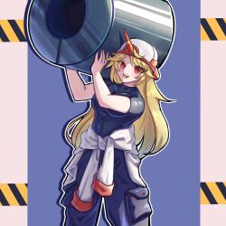 1girl alternate_costume backwards_hat black_bodysuit blonde_hair blue_background bodysuit breasts commentary_request cone_horns cowboy_shot hat highres horns hoshiguma_yuugi jacket long_hair looking_at_viewer medium_breasts open_mouth red_eyes red_horns single_horn smile solo star_(symbol) steam200604 tied_jacket touhou very_long_hair white_hat white_jacket