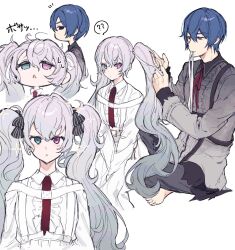 1boy 1girl 25-ji_kaito 25-ji_miku ? ?? aaaaau_2025 barefoot blue_eyes blue_hair commentary_request dress expressionless grey_hair hair_between_eyes hair_ribbon hatsune_miku heterochromia highres kaito_(vocaloid) long_hair long_sleeves messy_hair mouth_hold multiple_views neck_ribbon notice_lines pants project_sekai red_ribbon ribbon simple_background sparkle twintails tying_another&#039;s_hair very_long_hair vocaloid white_background white_dress