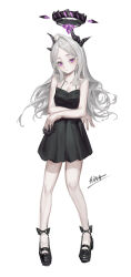 1girl alternate_costume bare_arms bare_shoulders black_dress black_shoes blue_archive closed_mouth crossed_arms demon_girl demon_horns dress forehead grey_hair halo highres hina_(blue_archive) horns long_hair looking_at_viewer purple_eyes purple_halo shoes sleeveless sleeveless_dress solo wucai_banlan_yu